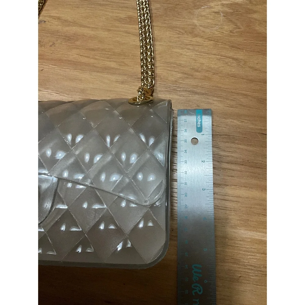 Clear Jelly Quilted Shoulder Bag Gold Chain Strap Smoke Grey PVC Crossbody
